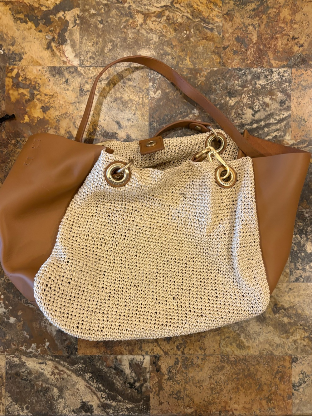 rag & bone Tan Leather-Trimmed Cream Knit Tote with Gold Hardware
